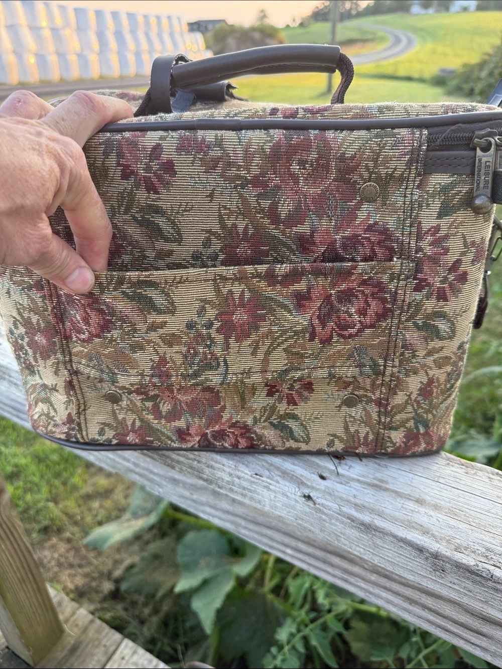 Floral Tapestry Cosmetic Case with Brown Trim - Luxury Traveler vintage